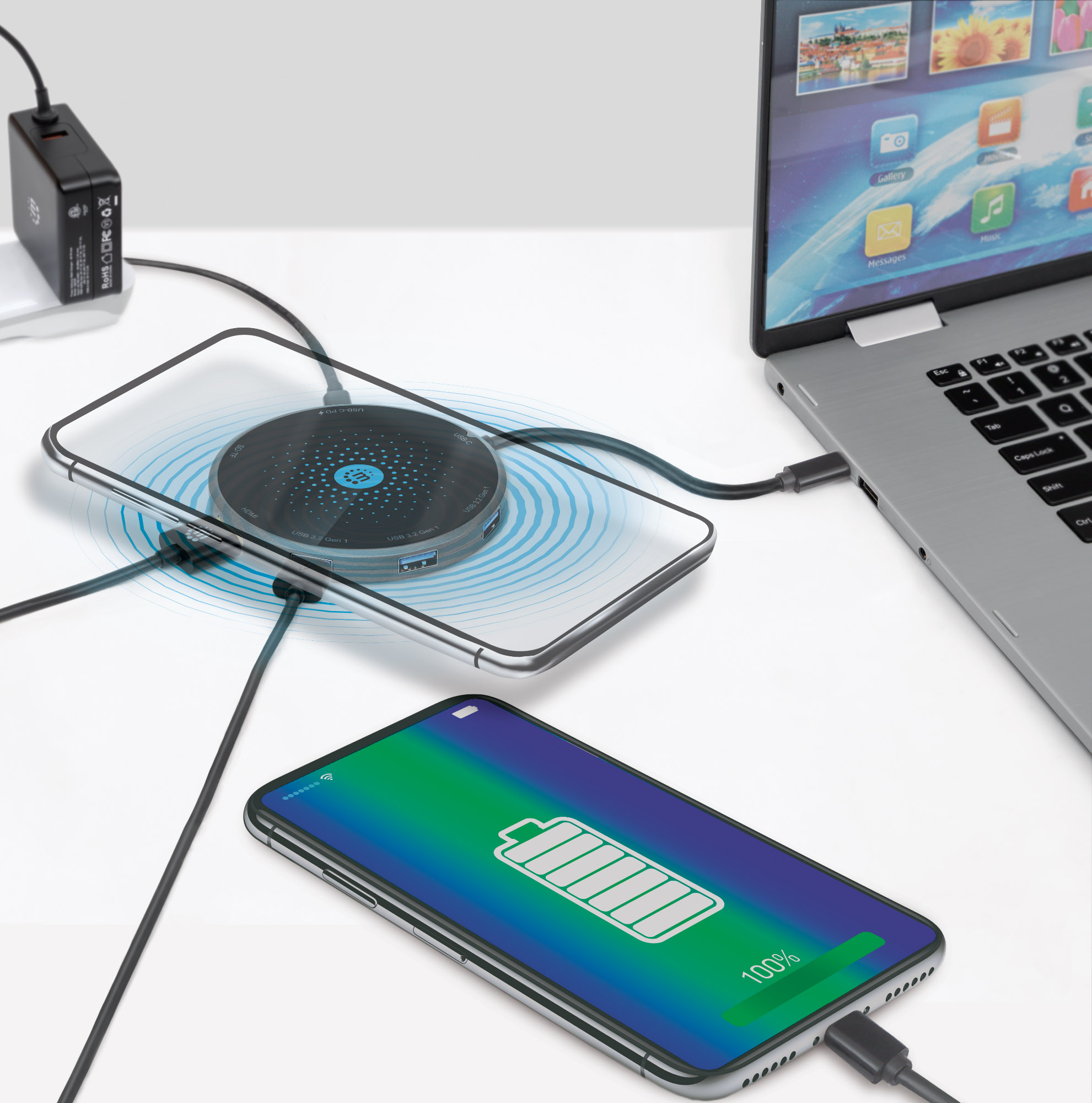 Mydesktop Stazione Di Ricarica Wireless 29W | 3 Porte USB E 2 Prese, Supporto Per IPhone E Android