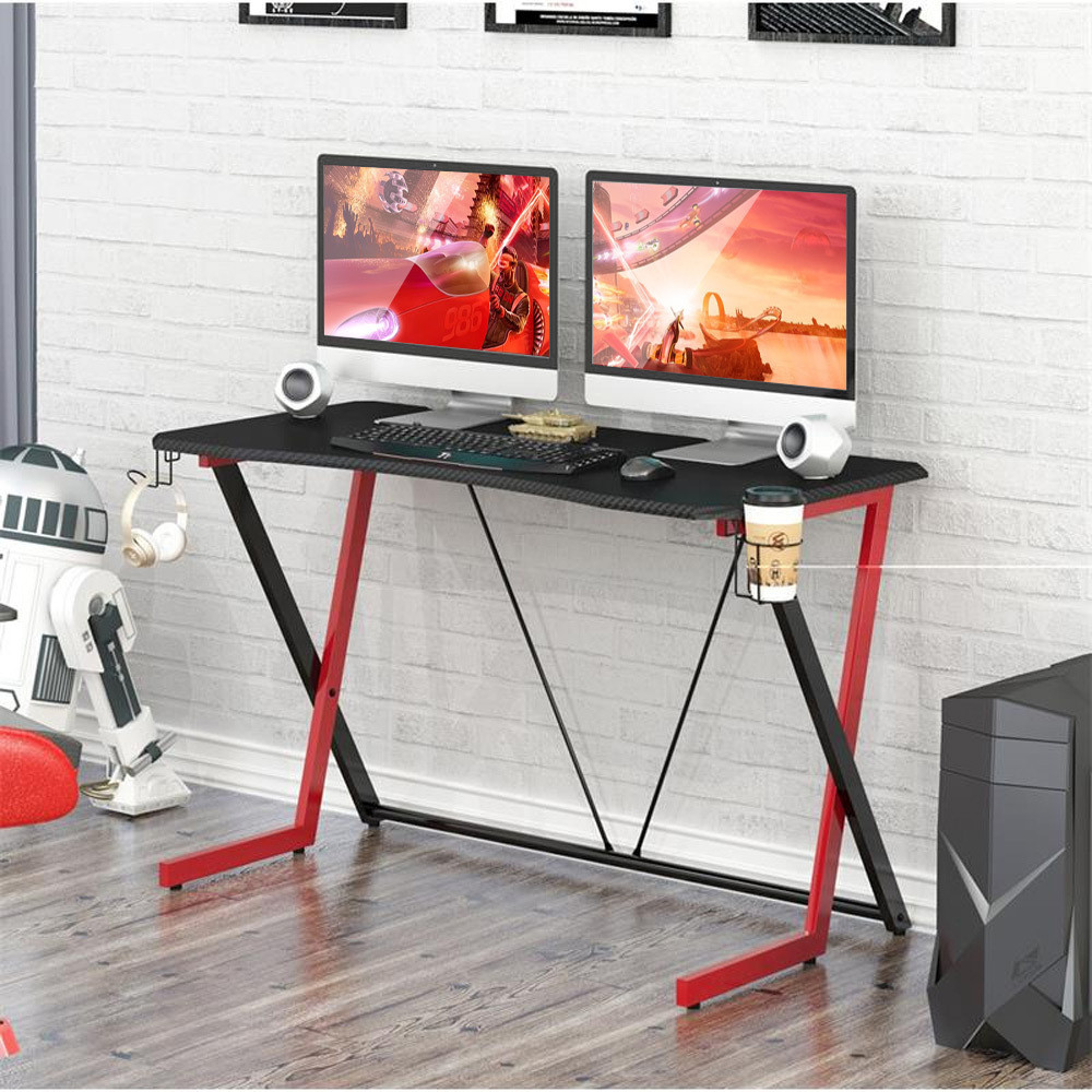 Scrivania da gioco 140*60 cm, con luce LED, a forma di Z, supporto per monitor, portabicchieri, gancio per cuffie, nero carbone | Leroy Merlin