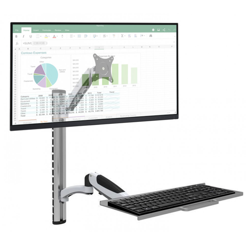 Maclean MC-633 S-Stand Workstation: Staffa Per 2 Monor Con Ripiano Per Tastiera E Staffa Per Computer Molla A Gas Da 17 32 Pollici