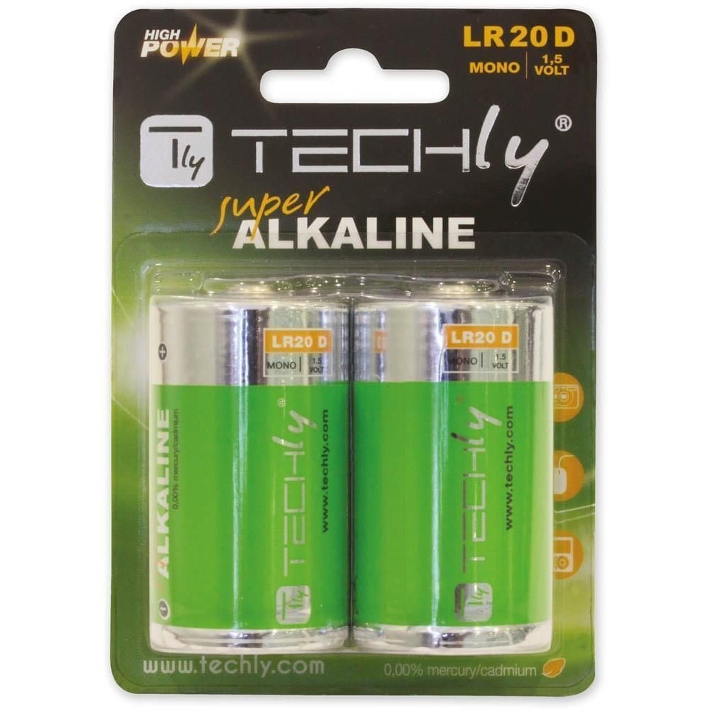 Blister 2 Batterie High Power Alcaline Torcia D LR20 1,5V - TECHLY - IBT-KAL-LR20T-1