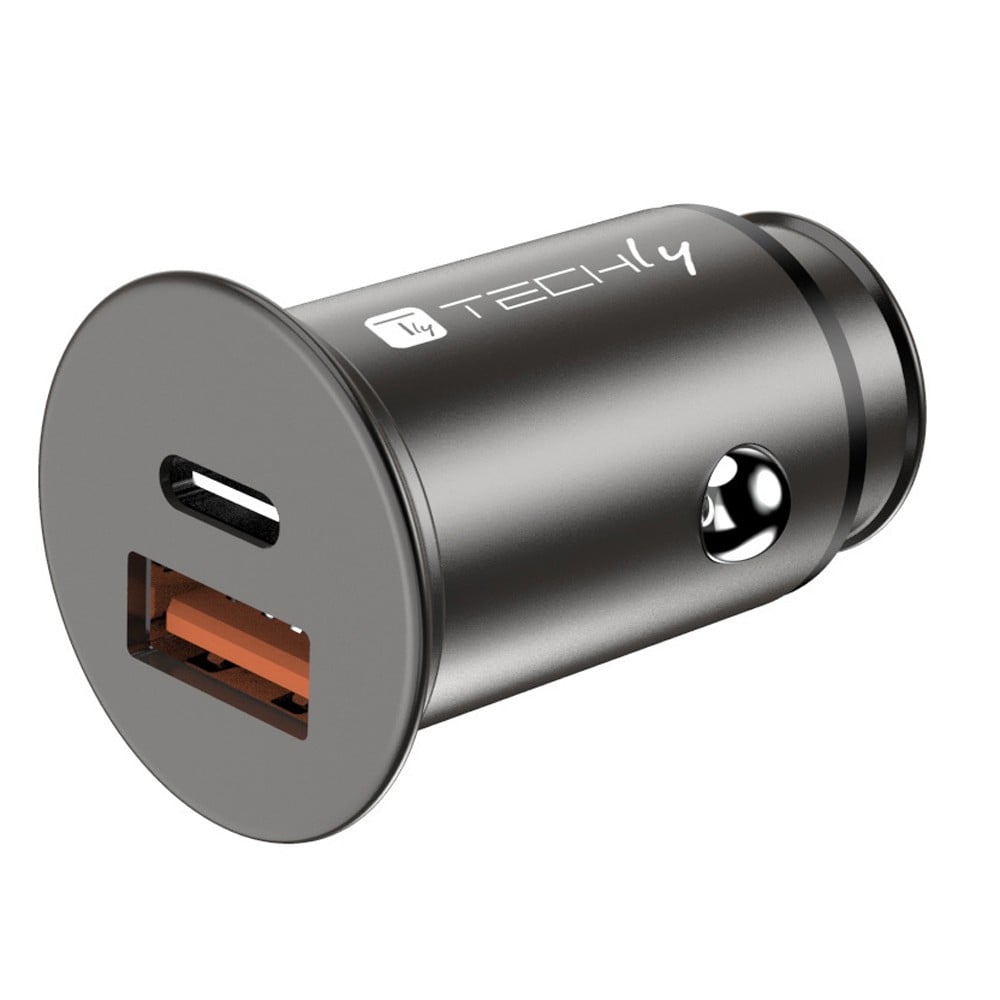 Mini Caricatore da Auto USB-A e USB-C™ Ricarica rapida 38W Metallo Nero - TECHLY - IUSB2-CAR5-AC38W-1